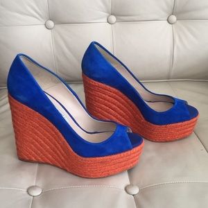 Brian Atwood cobalt blue suede wedge with orange